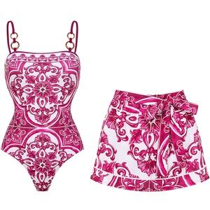 Pink Floral Print One-Piece Swimsuit with Matching Skirt Cover-Up